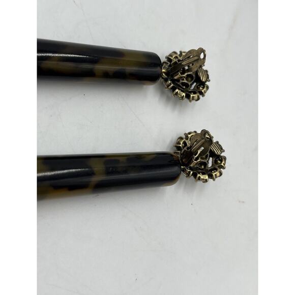 Tortoise Color Acetate Cylinder Earring, Crystal Round Modern Clip On Jewelry - Picture 9 of 13